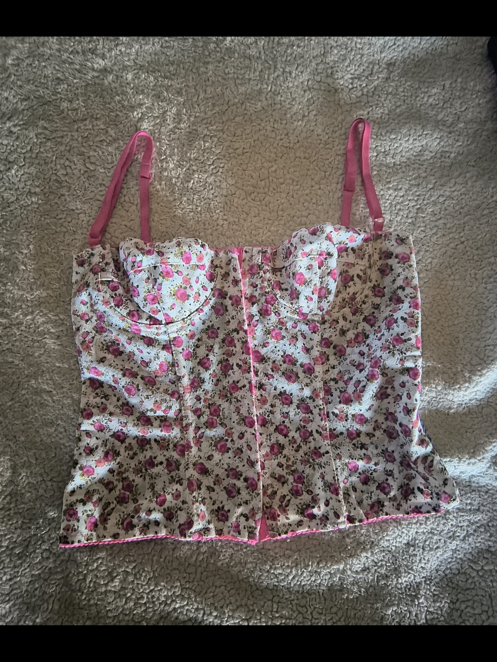 D&G Floral Bustier Destressed Denim Camisole in White and Pink
